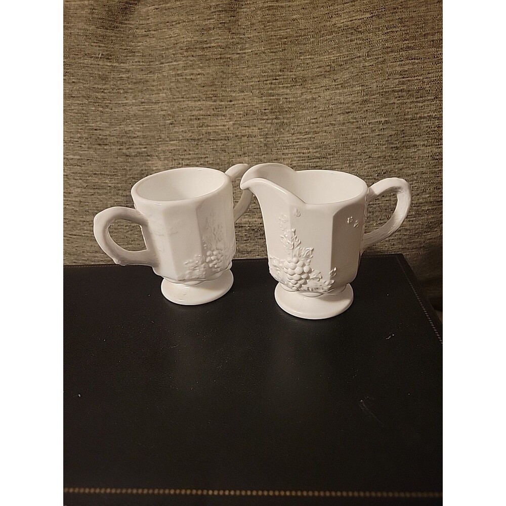 Read VINTAGE MILK GLASS CREAMER and OPEN SUGAR BOWL, Paneled, Grapes, White